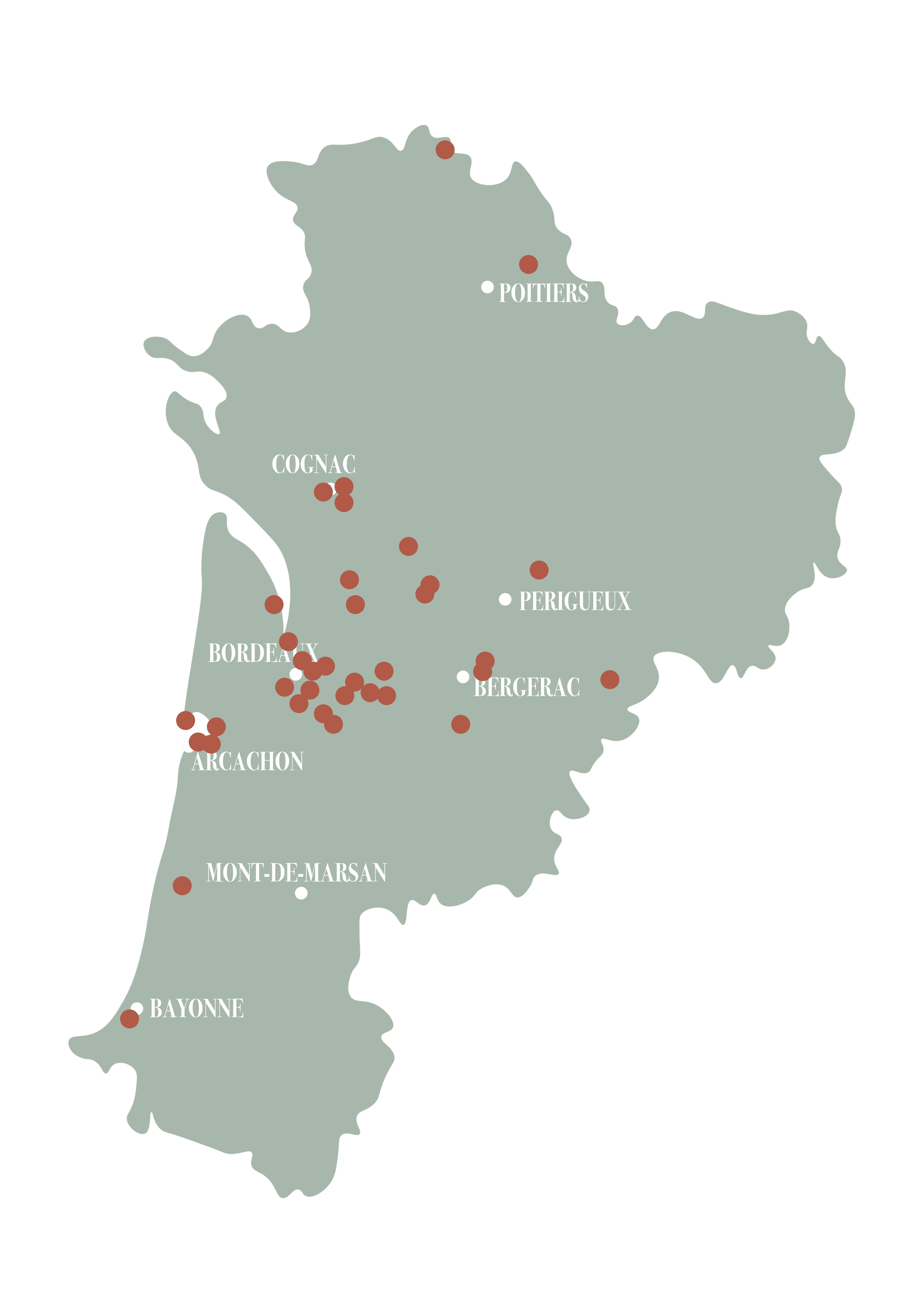 Nouvelle-Aquitaine, lieux de réception mariage Carte des lieux coup de coeur de réception de mariage de Los Caballeros